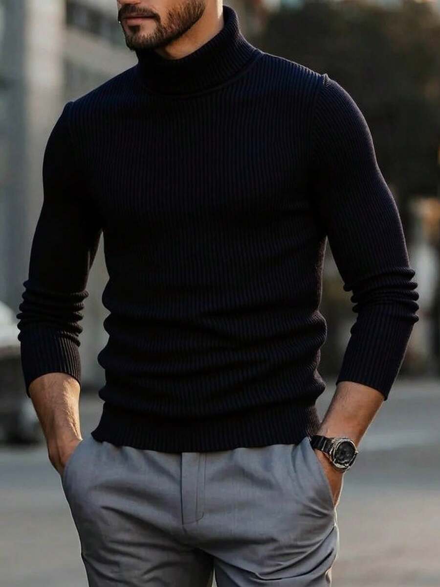 Turtleneck Pullover Vertical Ribbed Ribbed Knit Sweater
