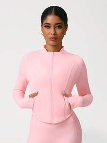 Sodalemon 女士训练上衣 指孔全拉链 带侧拉链口袋 长袖瑜伽健身弹力运动夹克