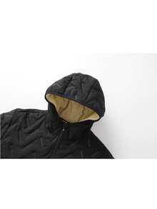 男士连帽休闲抓绒羽绒服，保暖加厚拉链外套，适合日常休闲穿着，冬季 - 黑色 - 查看 6