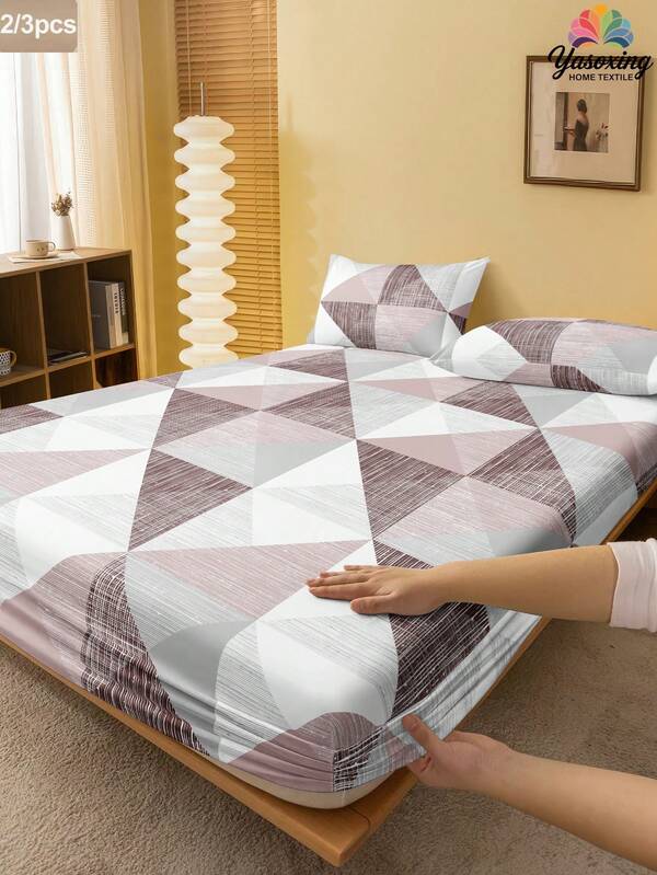 2/3pcs /Set Pink Geometric Pattern Fitted Sheet Set Without Filler,Fashionable Spatial Feel Fitted Sheet Set For Bedroom Brushed Microfiber Breathable Comfortable 1pc Fitted Sheet+1/2pcs Pillow Case Without Filler, Back School Bedding Dormitory Bedding Set,Modern Avant-Garde Style