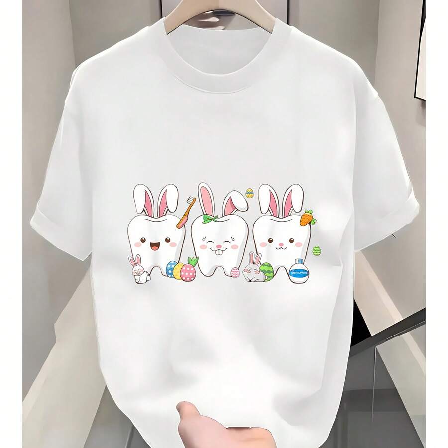 Women Dental  Easter Spring Bunny Tooth Dental Crew -100% Cotton 220g T Shirt - trắng - Xem 1