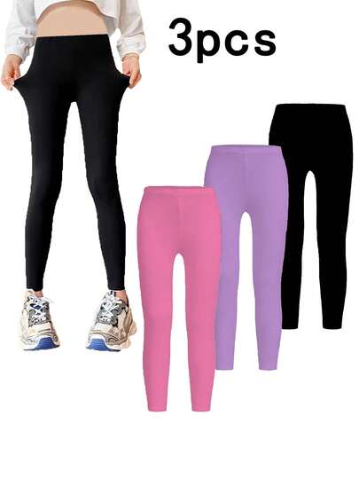 3pcs Set Fashionable Solid Color Casual Leggings, Designed For Young Girls, Stretchy, Soft And Comfortable, Suitable For Outdoor Activities, School, Running, Dancing, Yoga, Vacation, Party And Other Occasions In Autumn/Winter