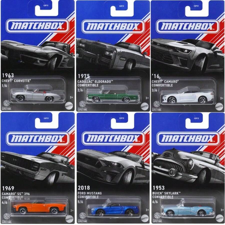 Mattel Matchbox Retro Amerikanische Muscle Cars 6-teiliges Modellauto Set, 1:64 Maßstab Sammlerstücke - Modelle von 1953-2018 (Buick Skylark, Cadillac Eldorado,  Mustang, Chevrolet Camaro SS/Corvette), mit Aufhänge-Display Verpackung. - GGF12-6pcs - Übersicht 1