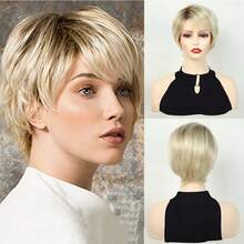 Synthetic Short Pixie Cut Straight Blonde Wig With Side Bangs For Women Daily Party Cosplay Fake Hair Heat Resistant