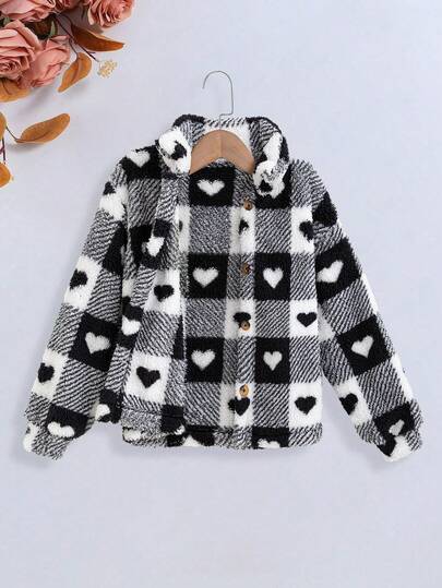 Tween Girl's Black & White Heart Print Fleece Lined Jacket, Casual & Warm (YY974)