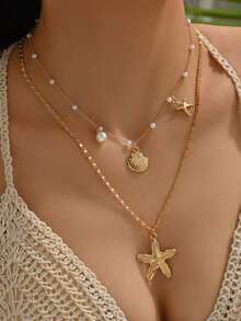 2pcs/Set Summer Fresh Faux Pearl Necklace With Charms, Fashion Ocean Life Pendant Jewelry Set Suitable For Women Daily/Vacation Wear, Handmade Length Adjustable, Varying Number Of Faux Pearl Beads - 金子 - 查看 2