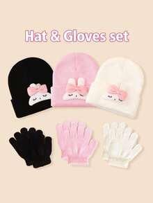 2pcs/Set Autumn/Winter Kids Gloves & Hat Set, Cute Rabbit Knitted Beanie, Baby Girl Earflap Knit Hat, Versatile For Daily Outings - 2PC - View 1