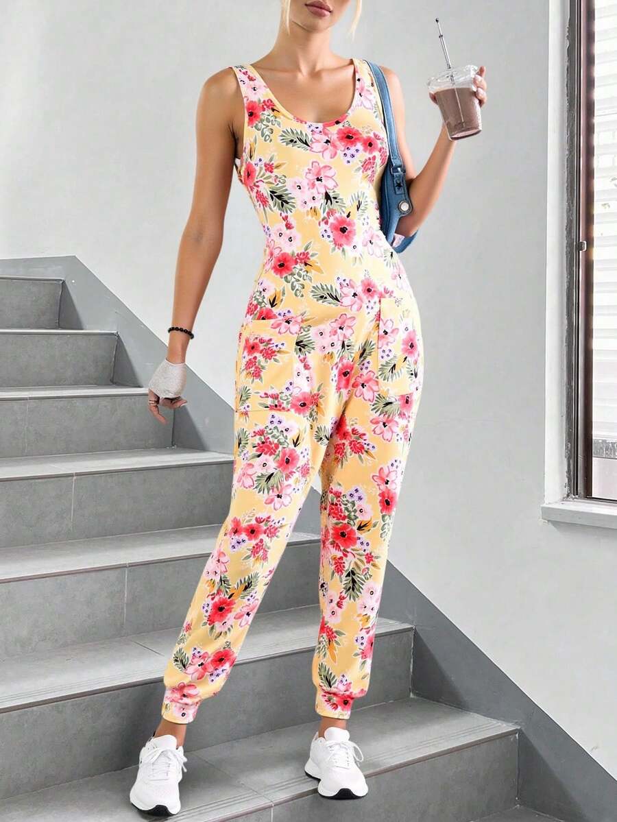 Mono Largo Sin Mangas con Estampado Floral y Bolsillos Frontales - Amarillo - Ver 1