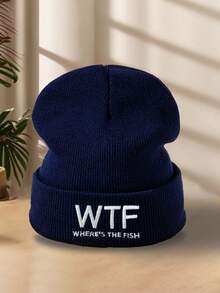 1pc Men's Embroidered Knit Beanie Hat, Stylish & Personalized For Fishing, Skiing, Camping, Elastic Pullover Hat, Autumn/Winter