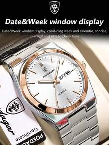 POEDAGAR 1 pezzo Orologio da uomo in acciaio inossidabile impermeabile e luminoso, con display della data e del giorno, casual, al quarzo, adatto per uso quotidiano, con confezione