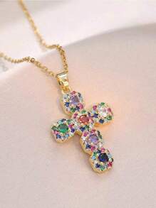 Monlansher 1pc Women's New Stainless Steel Chain Necklace With Handcrafted Copper Zirconia Cross & Double Heart Pendant, Fashionable & Luxurious - Gold - View 18