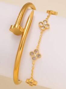 时尚奢华优雅四叶草锆石不锈钢手链和手镯套装，适合女士，适合多种场合搭配和赠送朋友 - 金黃色 - 查看 16
