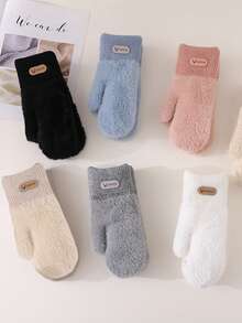 1 Pair Double Layered Velvet Thickened Warm Gloves Solid Color Versatile Cold Protection Gloves For Outdoor Cycling Winter Warm Unisex Plush Lining Mittens Birthday Christmas Gifts - Mittens - View 1