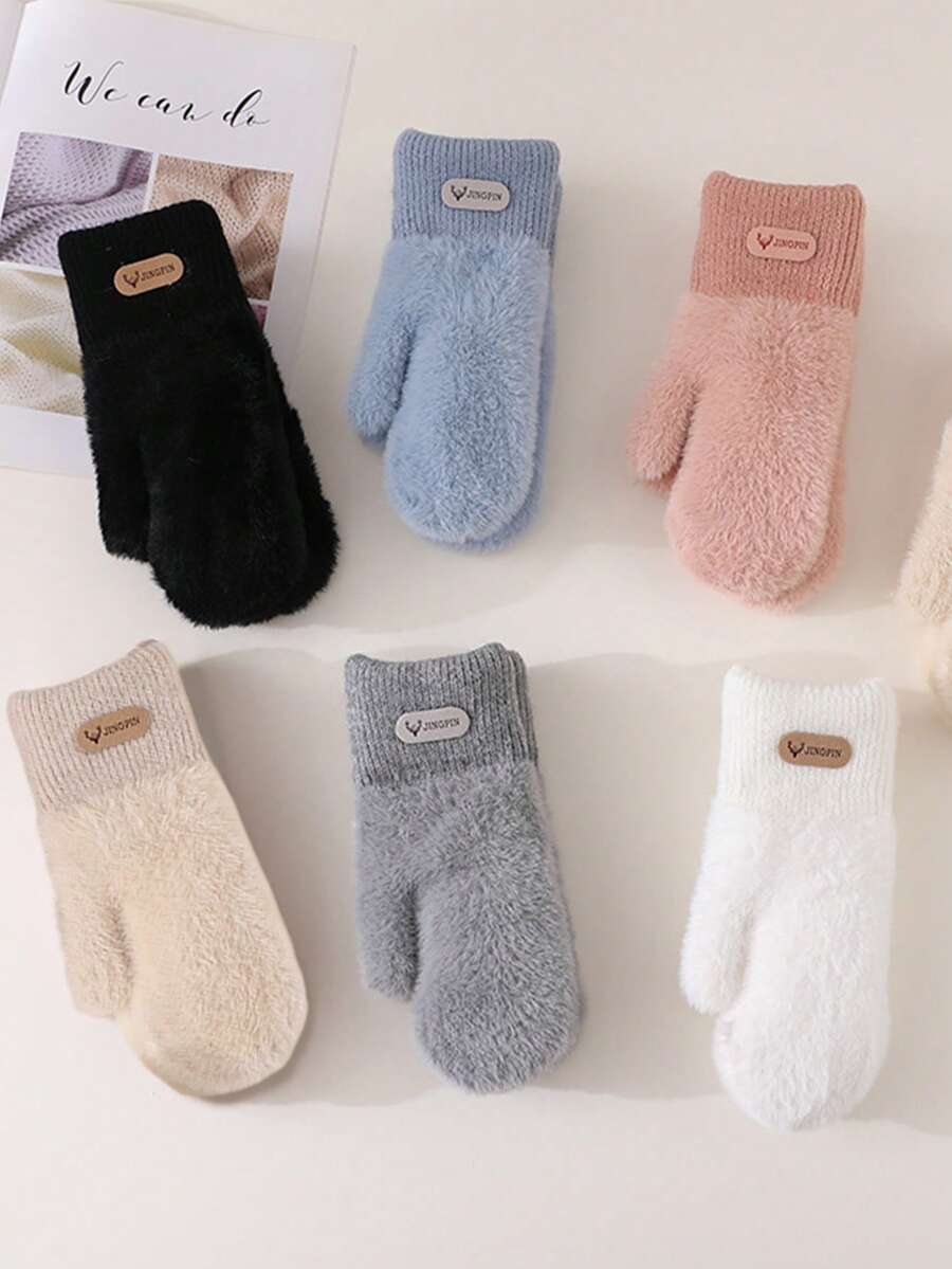 1 Pair Double Layered Velvet Thickened Warm Gloves Solid Color Versatile Cold Protection Gloves For Outdoor Cycling Winter Warm Unisex Plush Lining Mittens Birthday Christmas Gifts - Mittens - View 1