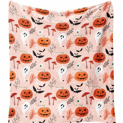 1pc Halloween Blanket, Pink Pumpkin Ghost Mushroom Halloween Fleece Blanket, Suitable For Home Living Room Sofa Bed Chair Or Dorm Decor
