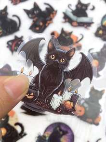 50张万圣节黑猫贴纸防水PET透明贴纸适用于儿童笔记本电脑行李电脑剪贴簿日记本手机装饰贴纸 - 黑色 - 查看 5