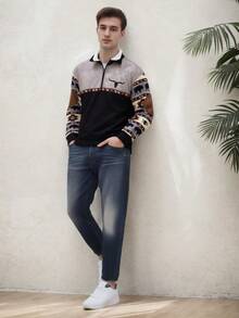 Sudadera con bloques de color estilo western americano, estampado de toros y bisontes, cierre de media cremallera - N2KQ5 - Ver 2