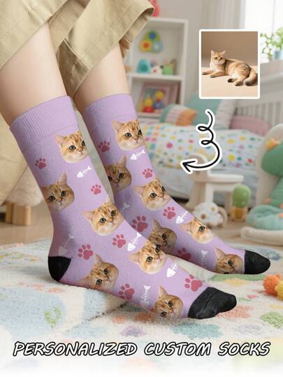 1 Pair Of Customized Face Children's Mid Tube Socks, Put Any Face On Socks,Boy And Girl, Personalized Socks For With Photos, Interesting Customized Picture Pairs With Medium To Long Socks, Suitable For Valentine's Day, Birthdays, Gift Giving, And Other Occasions,Personalized, Fun, Rich And Colorful, Creative Anime Cartoon Design