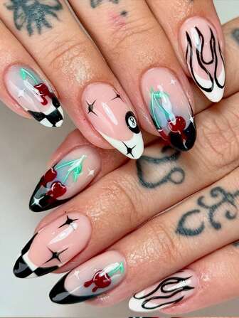 24Pcs Almond French Tip Press On Nails With Spades 8,Stars And Cherry Design,European And American Sweet And Cool Style, Easy To Wear Acrylic False Nail Set,Contain 1Pc Jelly Glue And 1Pc Nail File, Suitable For Women And Girls Daily Life And All Kinds Of Party Use Nail Supplies Nails