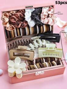 110件套梦幻粉色女士时尚发饰套装 - 包括花朵和几何造型塑料发夹、发圈、发带 - 适合女性和女孩，情人节必备礼物，可轻松打造清新日常造型或甜美派对装扮，增添迷人魅力。发夹、美发套装、礼物、可爱配饰