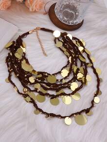 1pc Multi-Layer Braided Rope Exaggerated Waterfall Geometric Round Sequin Necklace - Waterfall Stacking Necklace - View 3