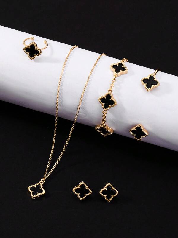 6pcs/Set Lucky Black Four-Leaf Clover Design Bracelet, Necklace, Earrings, Bangle And Ring Jewelry Set, Fashion Accessories For Party, Gift For Friends