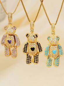 Colar com pingente de urso de pelúcia cravejado de zircônia requintada, estilo minimalista de luxo