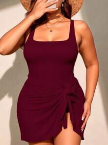 Swim Lushoire Váy bơi buộc dây phía trước màu trơn cỡ lớn, phong cách nghỉ dưỡng bãi biển - Màu Đỏ Sâu - Xem 5