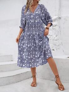 全花卉印花扭领灯笼袖休闲夏季连衣裙，日常穿着