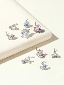 9 件装鼻环耳钉 L 骨质螺丝形鼻环花朵 CZ 雪花蝴蝶螺丝鼻钉身体穿孔饰品男女通用 20G 银金玫瑰金色调 - 銀色 - 查看 1