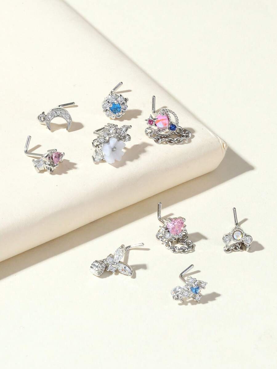 9 件装鼻环耳钉 L 骨质螺丝形鼻环花朵 CZ 雪花蝴蝶螺丝鼻钉身体穿孔饰品男女通用 20G 银金玫瑰金色调 - 銀色 - 查看 1