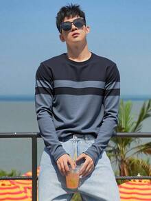 Impala Playera manga larga para hombre con bloques de color estilo casual deportivo |playera manga larga hombre, playera deportiva casual, camiseta bloques de color, playera gris y negra, ropa casual hombre, playera ligera manga larga, camiseta moderna hombre, playera combinada hombre, moda masculina casual, camiseta regular fit. - Azul - Ver 2