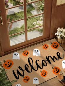 1 pieza, Felpudo de bienvenida con patrón divertido de fantasma y calabaza de Halloween de otoño, estilo festivo, lavable a máquina, de fibra de poliéster, apto para interiores, exteriores, decoración diaria, todas las estaciones - Amarillo - Ver 10