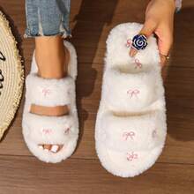 秋冬女士刺绣蝴蝶结家居拖鞋，四季皆宜的毛绒室内拖鞋，平底女士拖鞋，家用地板拖鞋，蓬松拖鞋 - 二條帶白色蝴蝶 - 查看 5