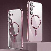 Funda de teléfono transparente magnética compatible con Galaxy A06 A16 A26 A36 A56 S25 Ultra S24 Ultra, compatible con MagSafe, con protector de lente de cámara incorporado, funda protectora transparente de TPU suave con electrochapado de lujo, ultra delgada, a prueba de golpes, resistente al agua, a los golpes y a los arañazos. - Rosa - Ver 2