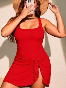 Swim Lushoire Plus Size Solid Color Swimsuit Dress, Fashionable For Summer - Red - View 1