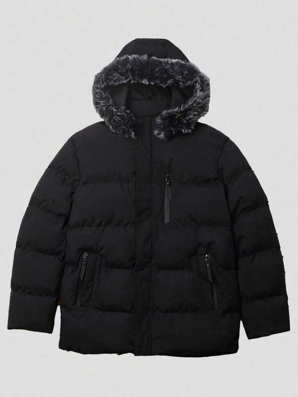 Men's Casual Solid Color Hooded Warm Padded Coat, Fashionable And Versatile For Sports, Commuting And Daily Wear, Winter , Fall