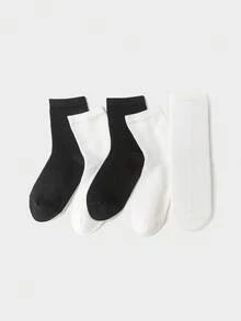Tất trẻ em cotton dài đến bắp chân, 5 đôi, thoải mái cho bé trai và bé gái - tông màu trắng đen - Xem 2