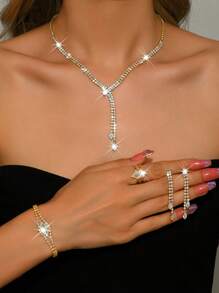 5pcs Luxury Rhinestone Embellished Necklace, Earrings, Bracelet And Ring Set For Women's Daily Commute, Wedding, Party And Holiday Gifts