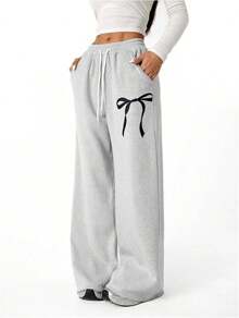 's Bowknot Baggy Sweatpants Lightweight Straight Leg Athletic Pants With Pockets