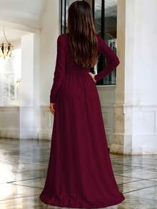 Vestido Largo Escote en V Acentuado Corte con Abertura Frontal Elegante Mangas Largas Ajustadas Diseño Fluido Cintura Ceñida Moderno Casual y Elegante Vestido Llamativo  Liso    Fiesta    Abertura alta  Cremallera  Fruncido    Boda - Vino - Ver 3