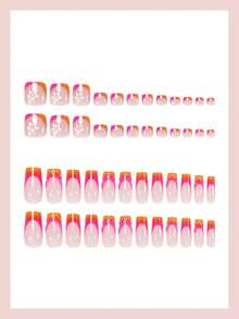 48片/2套方形美甲贴纸，橙色法式美甲，3D波浪线花卉简约风格亮面全覆盖，适合女性和女孩夏季美甲，日常美甲用品 - 彩色 - 查看 3