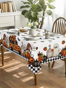 1 pezzo Tovaglia retrò di Ognissanti con stampe di carretto di zucche, gnomi e lapidi, decorazione a motivo di bufalo d'acqua, tovaglia rettangolare/quadrata impermeabile, utilizzata per feste e decorazione per pranzo interno/esterno