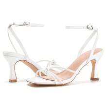 Women Square Open Toe Ankle Buckle Slingback Kitten Heels Summer Dress Sandals - White - View 5
