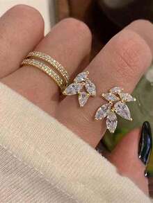 Set de 2 anillos abiertos con forma de hoja con diamantes de circonita cúbica de lujo, adecuados para uso diario y ocasiones de boda de las mujeres - Plateado - Ver 3