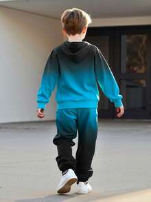 2pcs/Set Boys Gradient Print Hoodie And Sweatpants Set, Casual Fashion Knit Long Sleeve Top And Pants, Suitable For Spring, Autumn And Winter - Dusty Blue - View 3