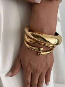 3pcs/Set Fashionable Punk Old Money Style Minimalist Gold Geometric Smooth Asymmetrical Teardrop Metal Bangle Bracelet Set, Suitable For Women, Thick Heavy-Duty Smooth Metal & Zinc Alloy Material - 銀色 - 查看 4