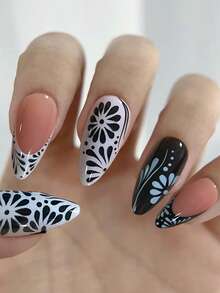 Nâng cấp bộ móng của bạn ngay lập tức! Bộ 24 miếng dán móng tay hình hạnh nhân kiểu Pháp, họa tiết hoa tối giản màu đen, vừa vặn hoàn hảo, bao gồm 1 dũa móng và 1 lọ gel dẻo, phù hợp cho phụ nữ và các bạn gái sử dụng hàng ngày và trong các dịp tiệc tùng. - Nhiều màu - Xem 2