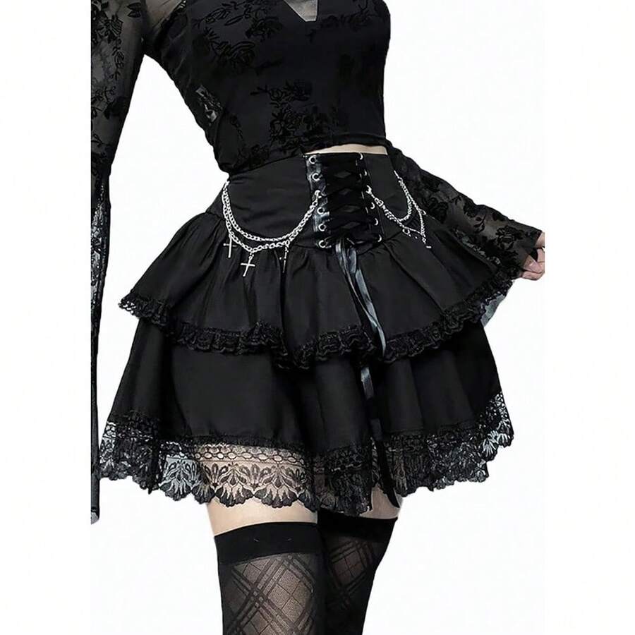 Womens High Wiast Black Mini Skirt Cute Lace Up Chain Gothic Pleated Skirts For Women - 黑色 - 查看 1