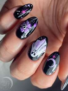 按压式指甲万圣节美甲贴片、中长款指甲贴片、万圣节蜘蛛网火焰、幽灵城堡、月光蝙蝠、神秘氛围假指甲贴片、粉色指甲贴片、万圣节节日礼物指甲贴片、适合女士和女孩的指甲贴片、时尚、闪亮、高端假指甲贴片，让您的外观焕然一新，展现指尖的魅力，按压式指甲用品 - 紫色 - 查看 2
